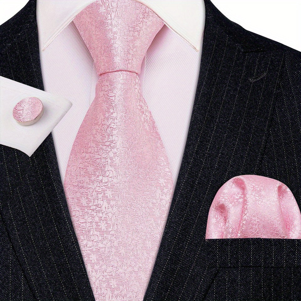 Men's Floral Solid Necktie Set with Handkerchief Clip