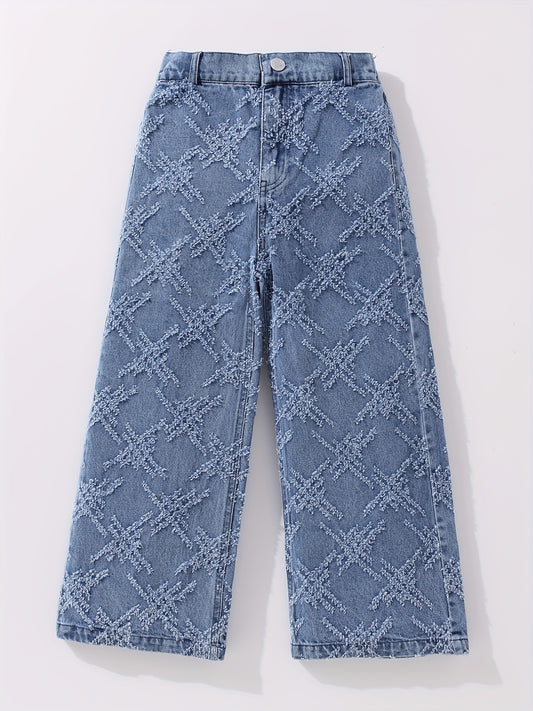 Girls' Cross Print Denim Jeans Wide Leg Trousers