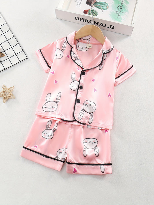 Girl's 2pcs Cartoon Rabbit Pajamas Button Top & Shorts Set