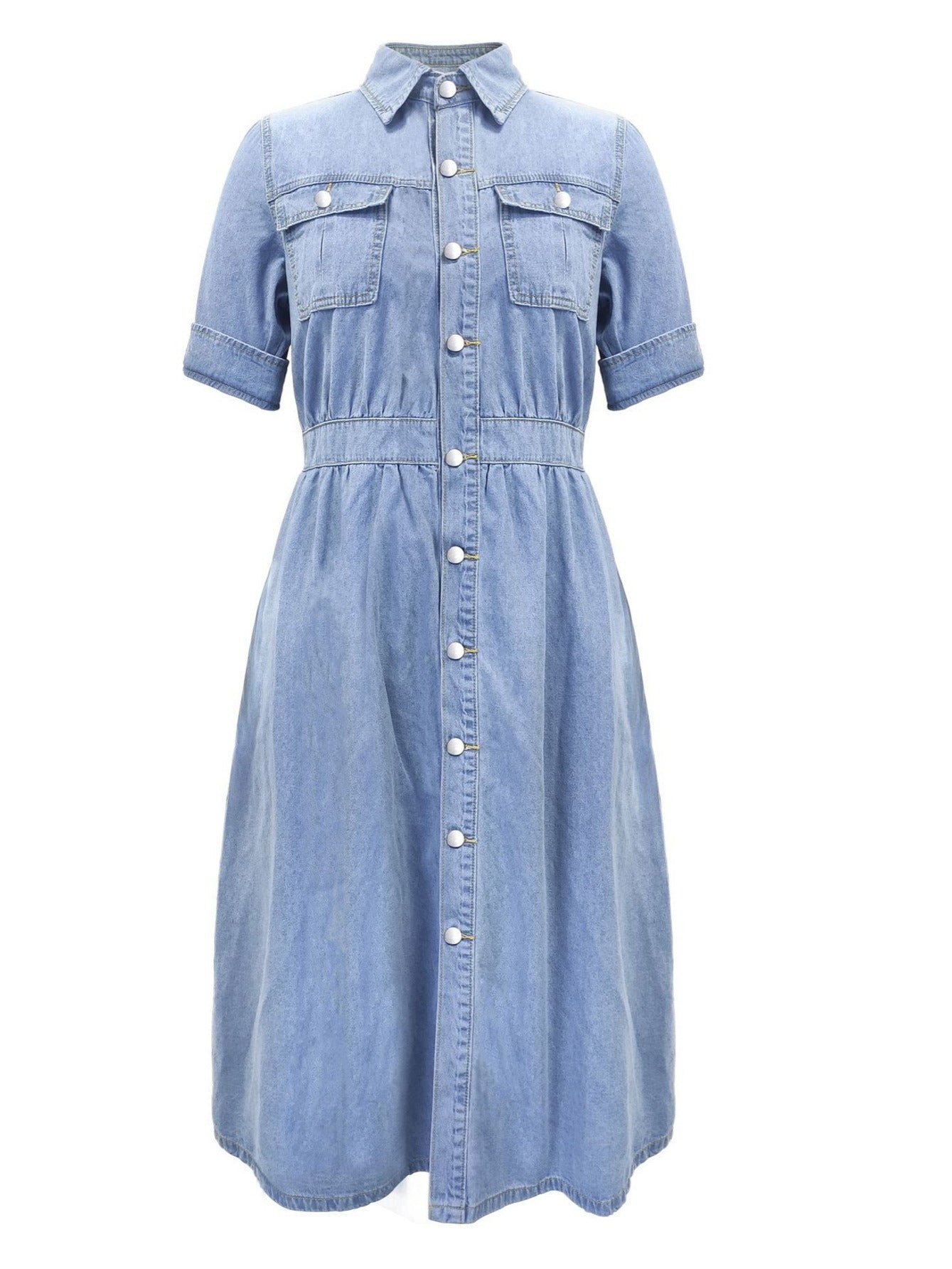 Casual Denim Dress with Flap Pockets & Rolled Sleeves