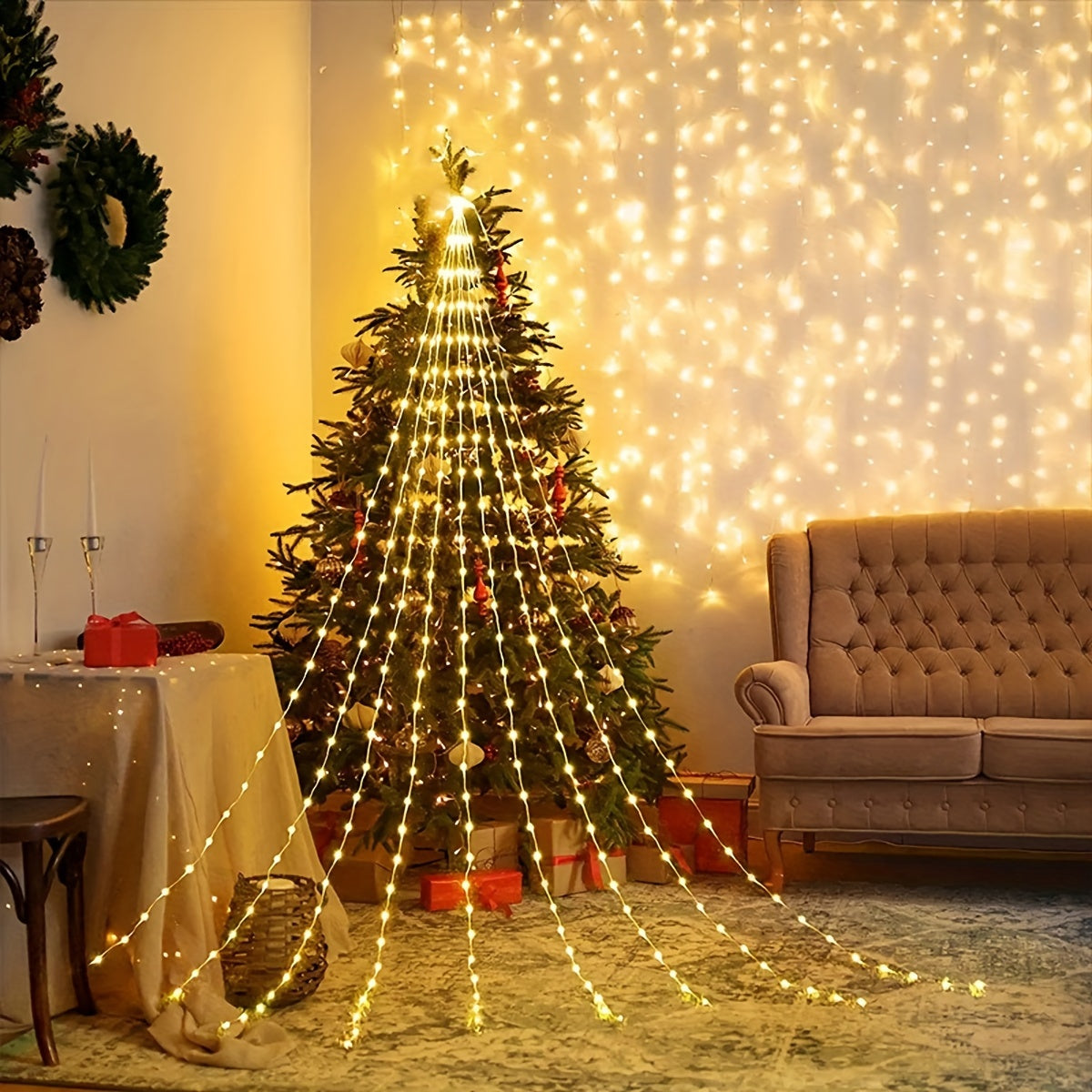 180 LEDs Waterfall Lights Solar Operated 8 Modes String Lights