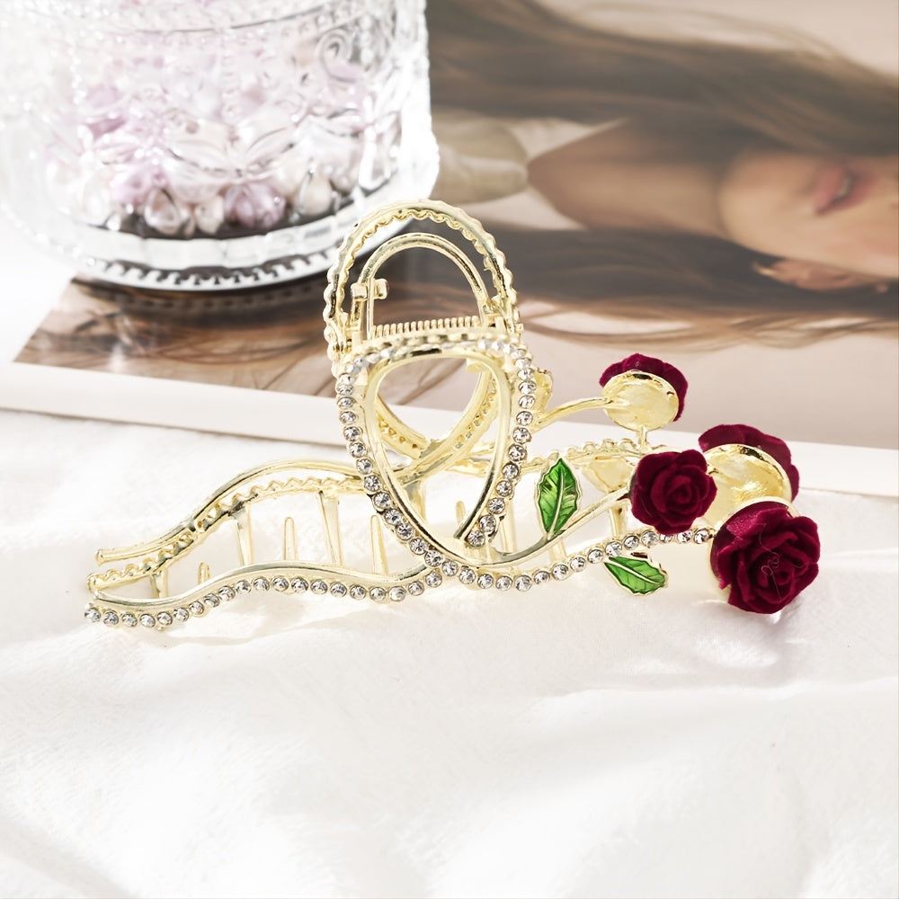 Red Rose Rhinestone Hair Claw Clip Strong Grip Hair Jaw Clip