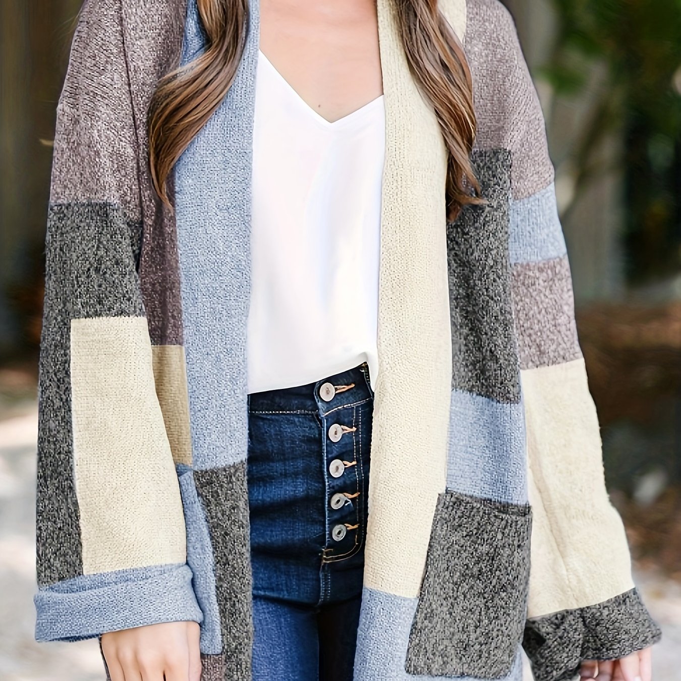  Colorblock Open Front Cardigan With Pockets