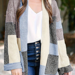  Colorblock Open Front Cardigan With Pockets