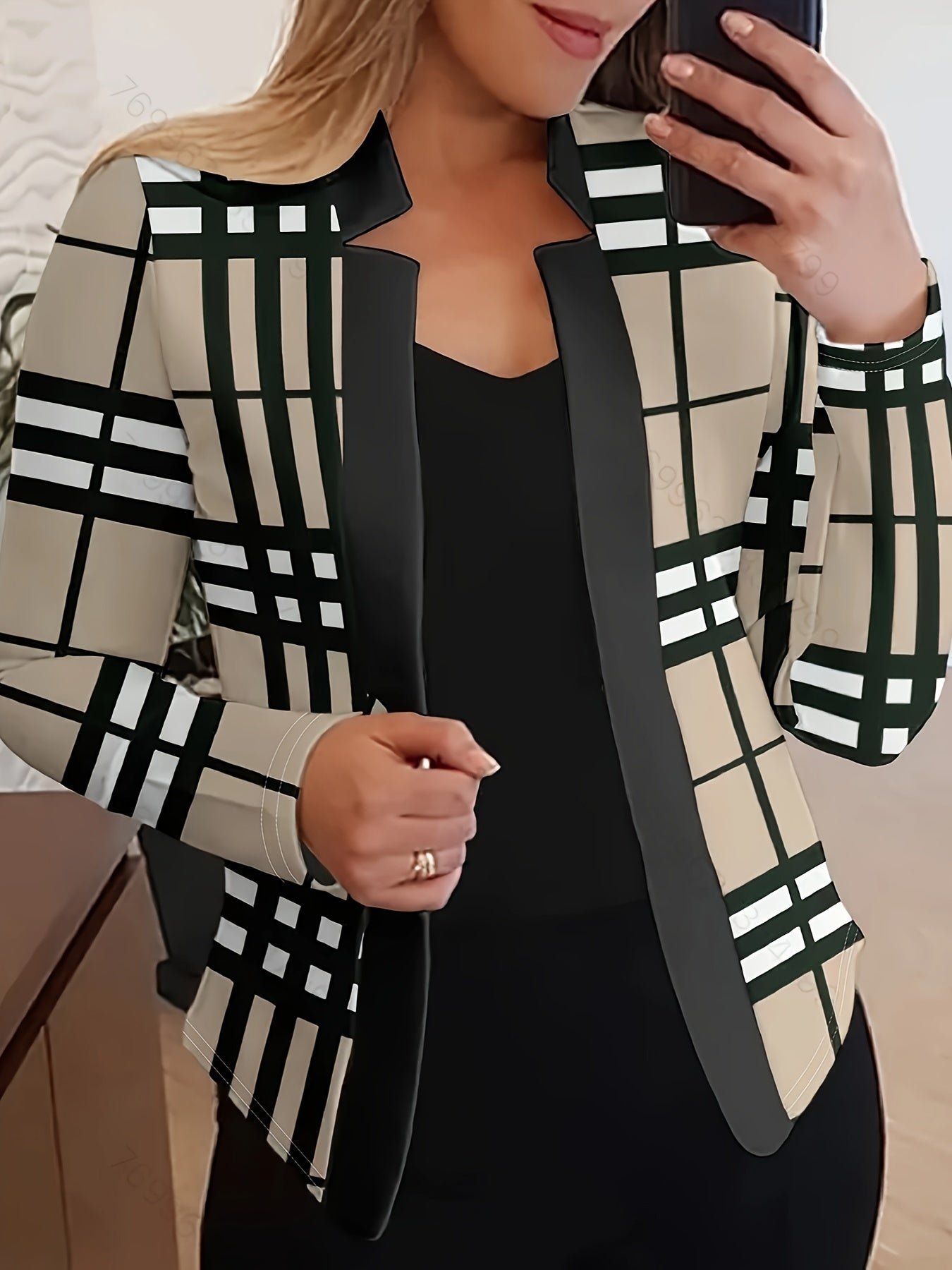  Plaid Print Long Sleeve Split Collar Blazer