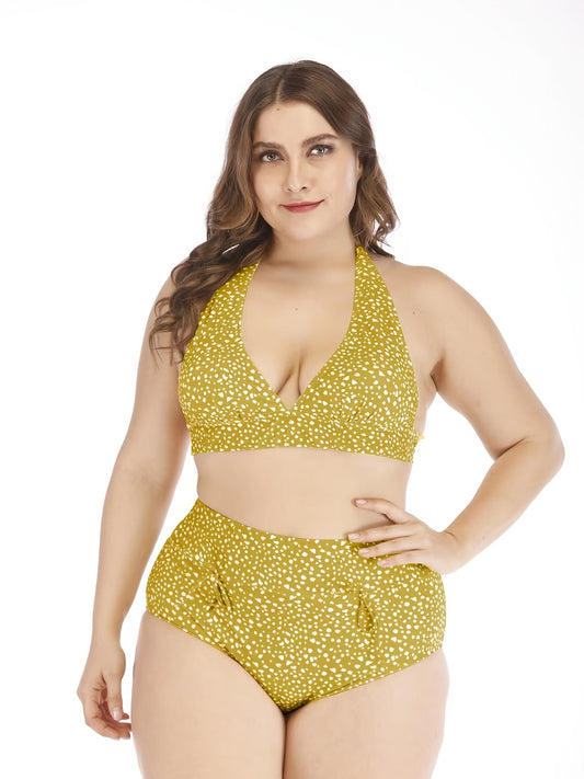  Polka Dot High Rise Knot Front Bikini Set Women's Plus Medium Stretch