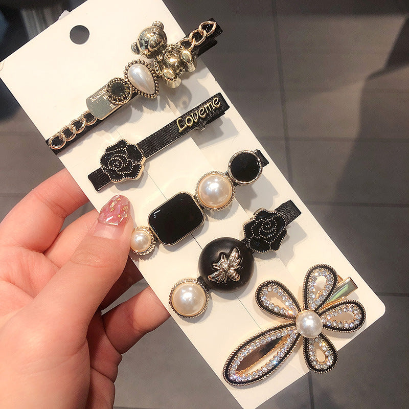 Vintage Geometric Hair Clips Set with Faux Pearl and Crystal Acrylic