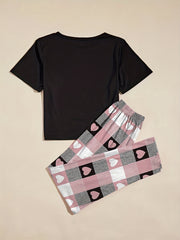 Heart & Letter Print Pajama Set Short Sleeve Tops & Plaid Print Elastic