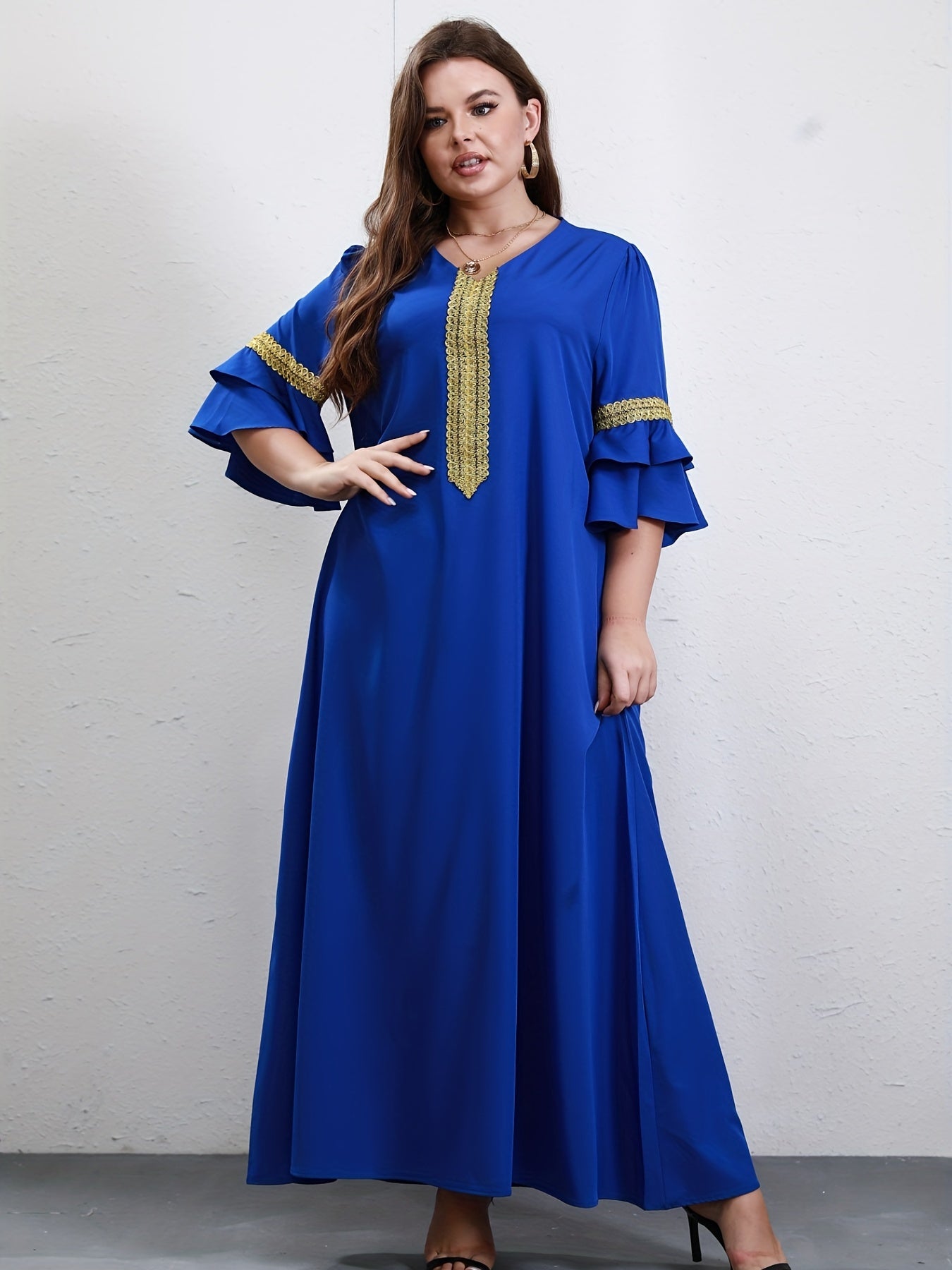  Ramadan Kaftan Dress Solid Contrast Lace Ruffle Sleeve V Neck