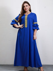  Ramadan Kaftan Dress Solid Contrast Lace Ruffle Sleeve V Neck