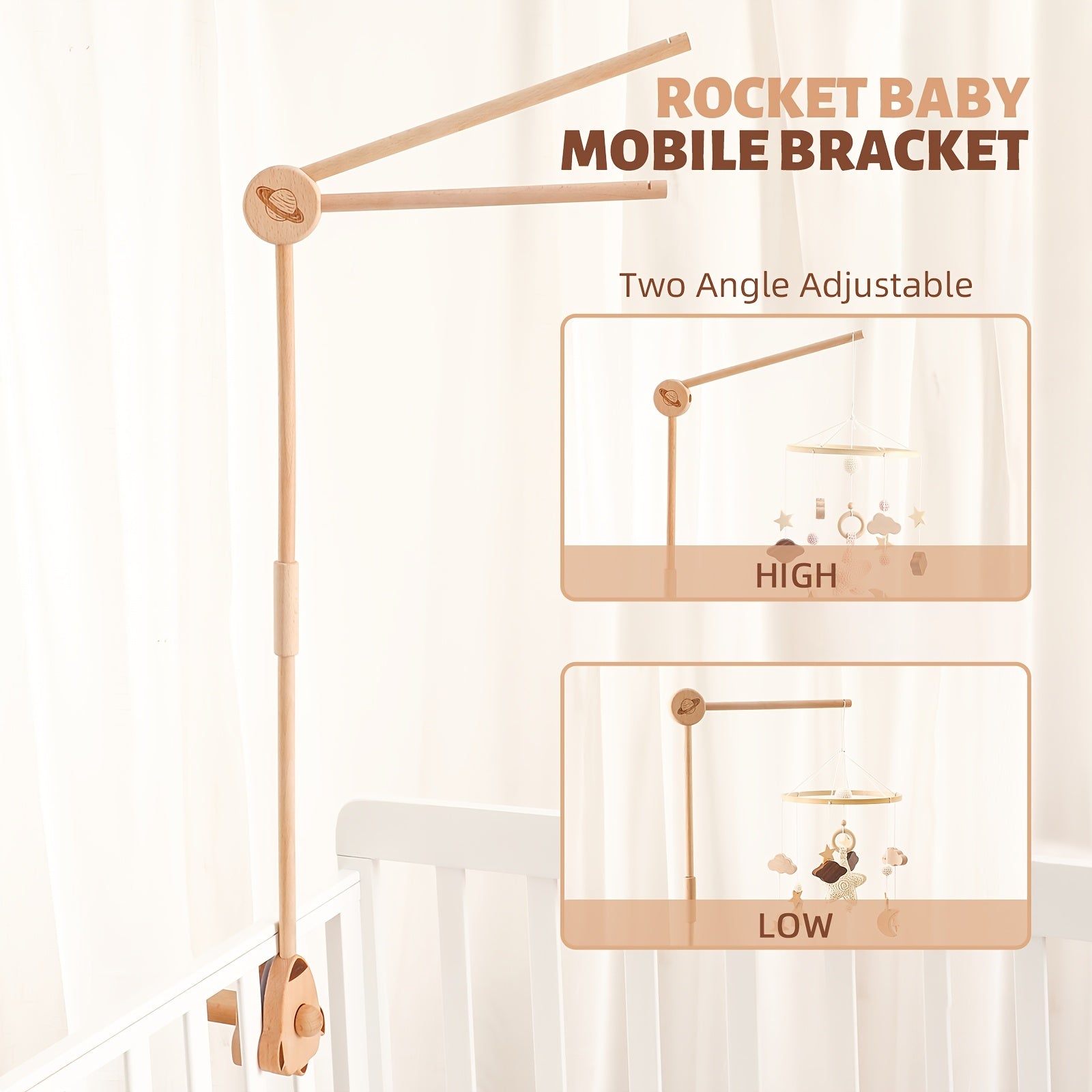 Rustic Wooden Baby Crib Mobile Bracket Rocket Shape