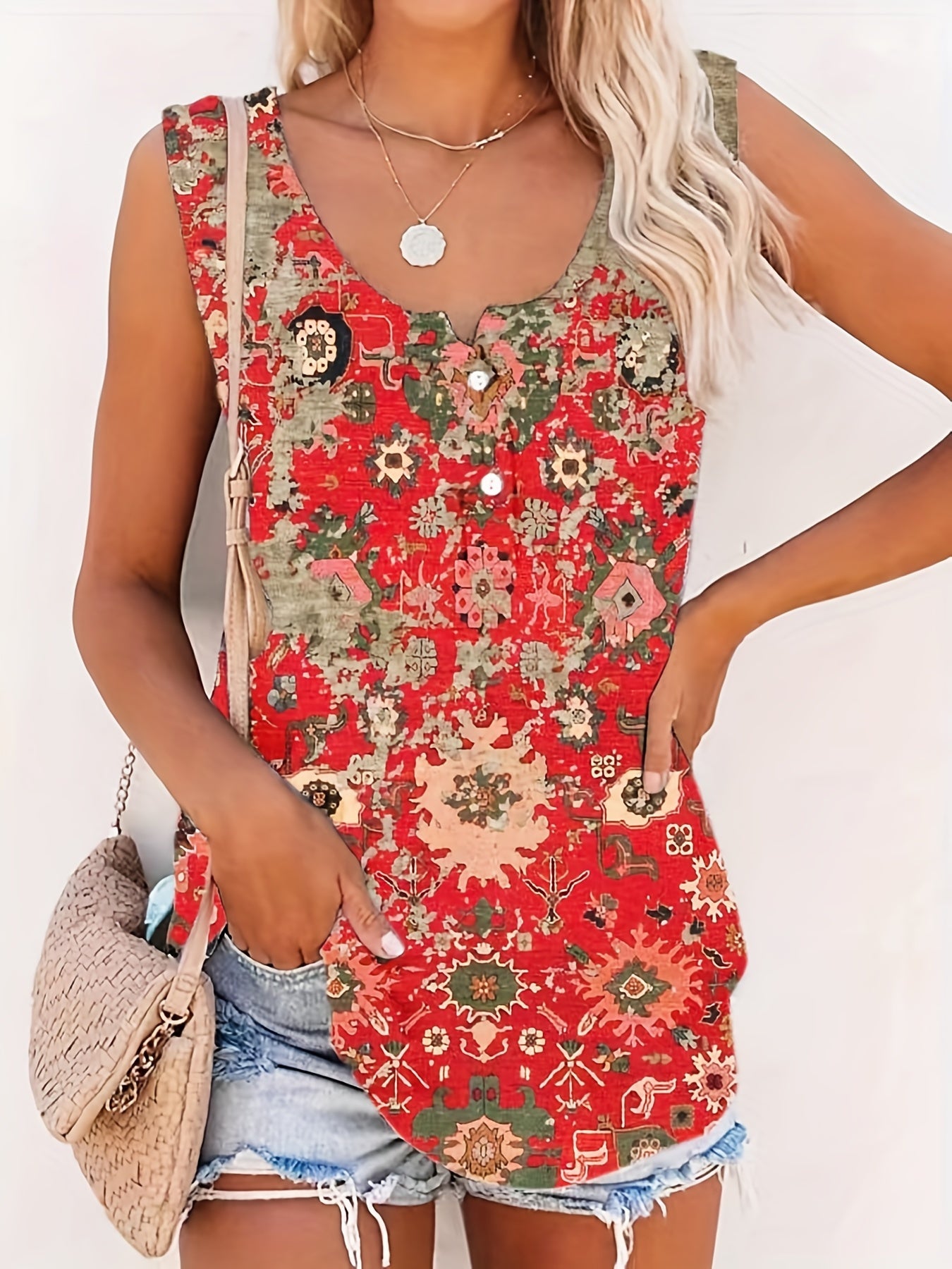 Vintage Ethnic Floral Print Tank Top