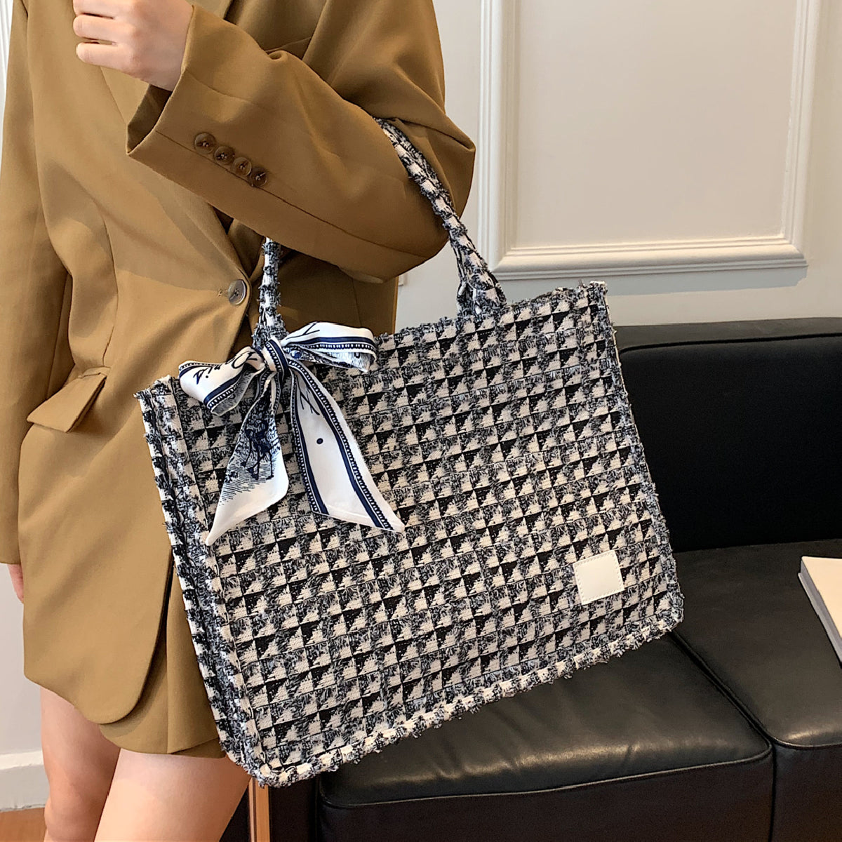 Tweed Plaid Tote Bag with Twilly Scarf Large Capacity