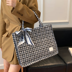 Tweed Plaid Tote Bag with Twilly Scarf Large Capacity
