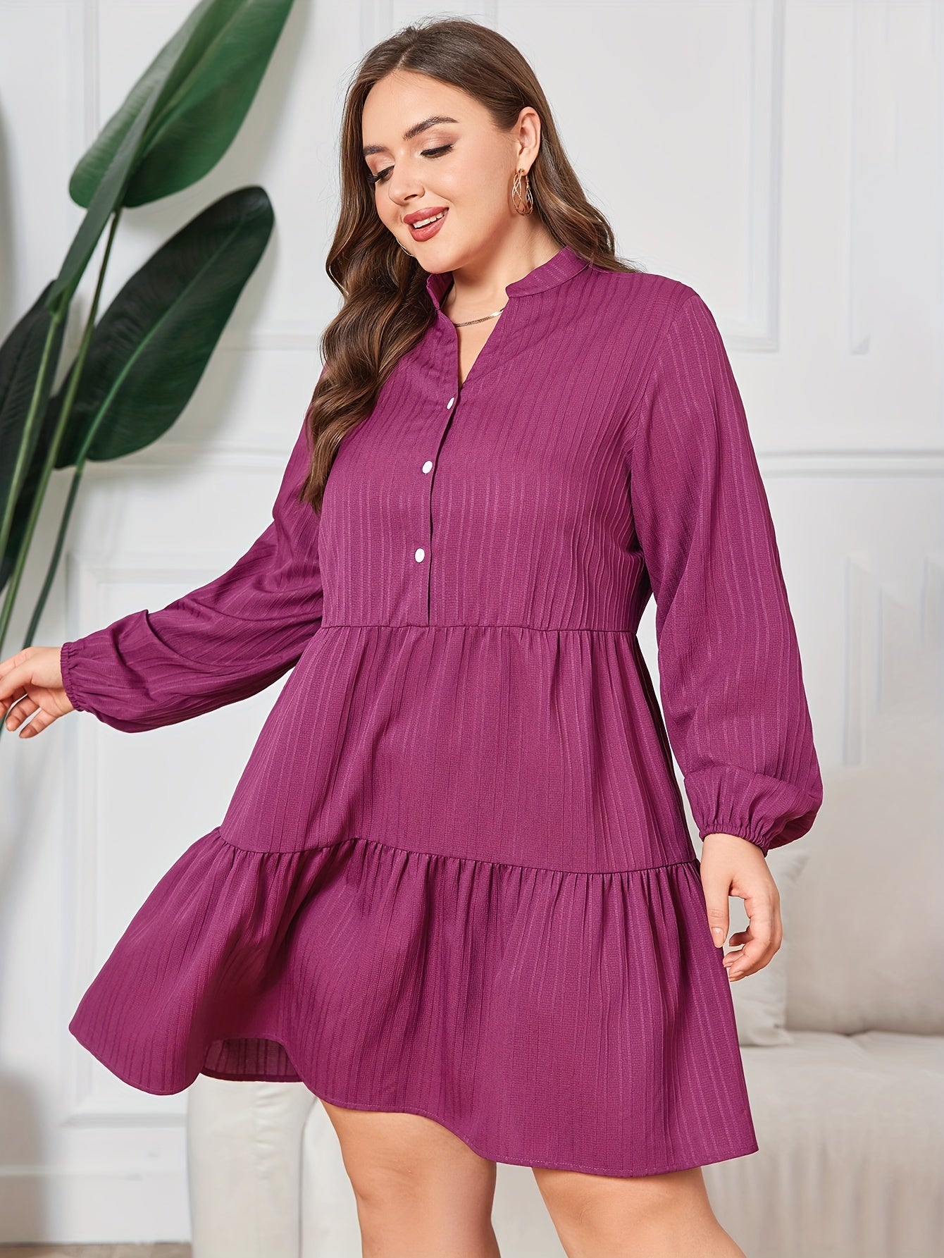 Plus Size Casual Dress Women's Plus Solid Lantern Sleeve Notched Neck