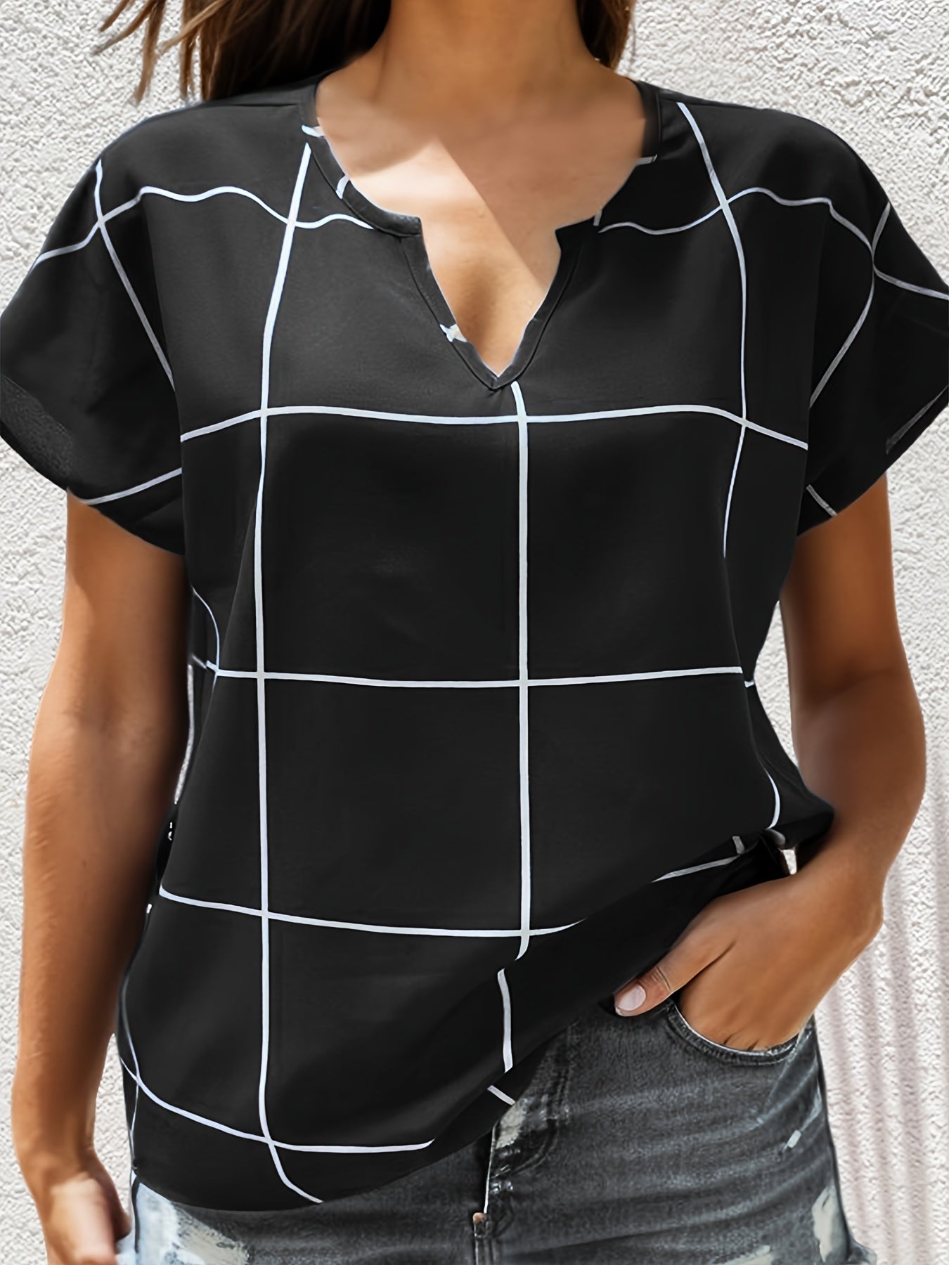  Plaid Print Batwing Sleeve Notched Neck Shirt Top