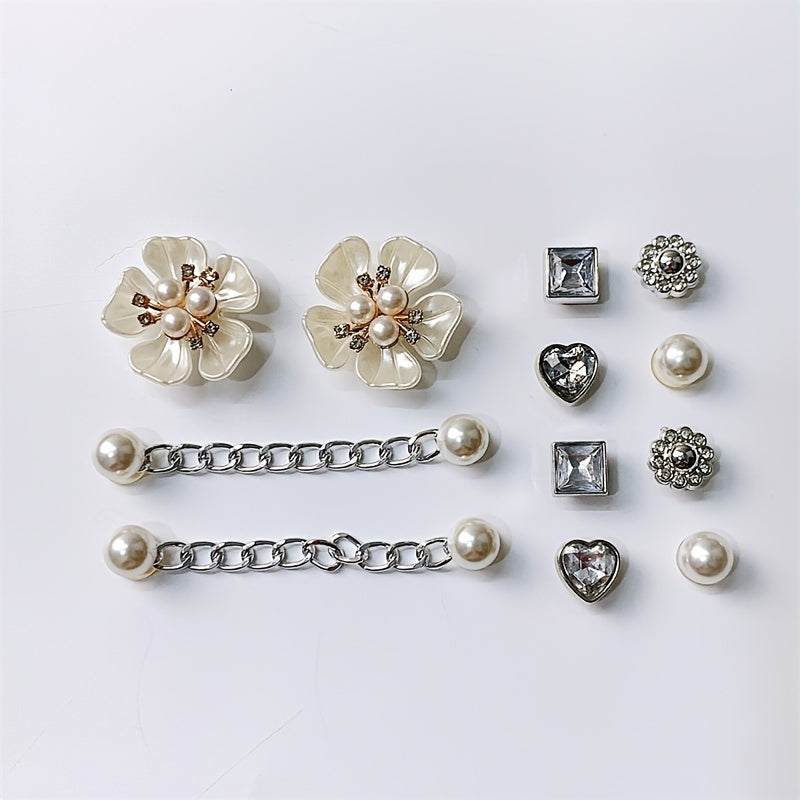 12pcs Shoe Accessories Rhinestone Pearl Set Removable Chain Decorative Buckle