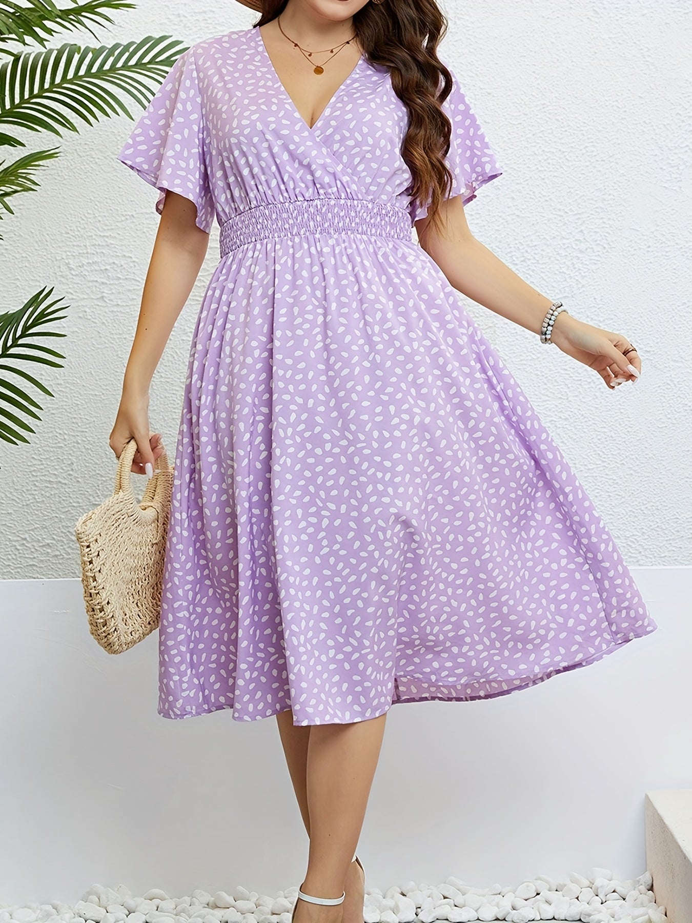 Plus Dot Print Flutter Sleeve Surplice Neck Shirred Waist Dress