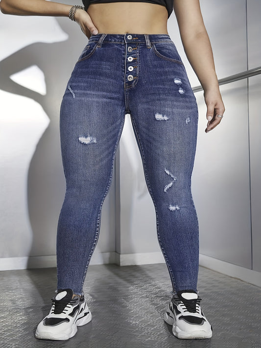  Washed Ripped Fringe Trim Skinny Jeans