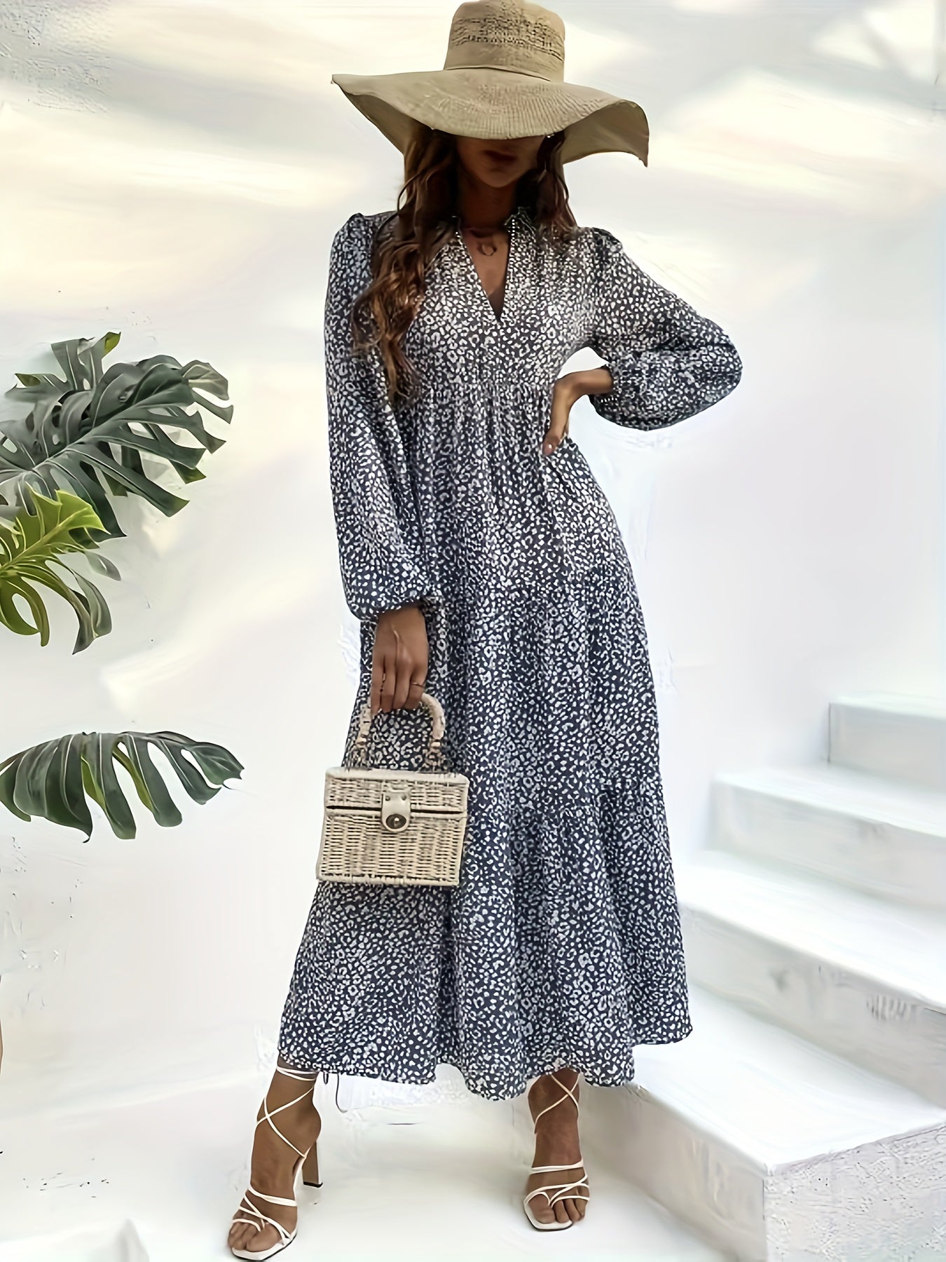 Plus Dalmatian Print Lantern Sleeve V Neck Smock Maxi Dress