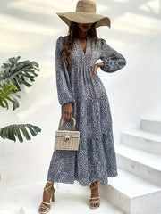 Plus Dalmatian Print Lantern Sleeve V Neck Smock Maxi Dress