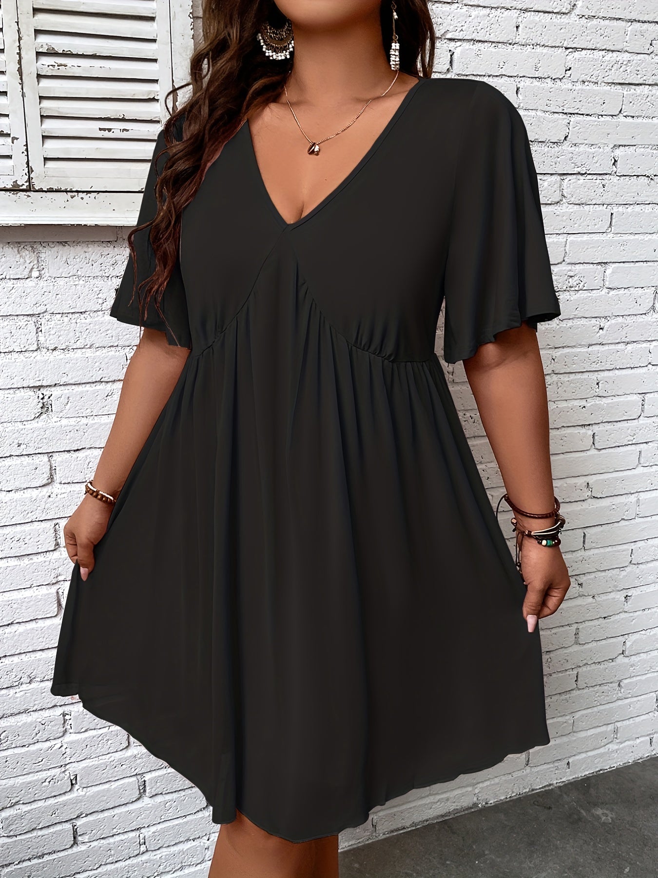  Casual Dress Solid V Neck Short Sleeve Ruched Dress