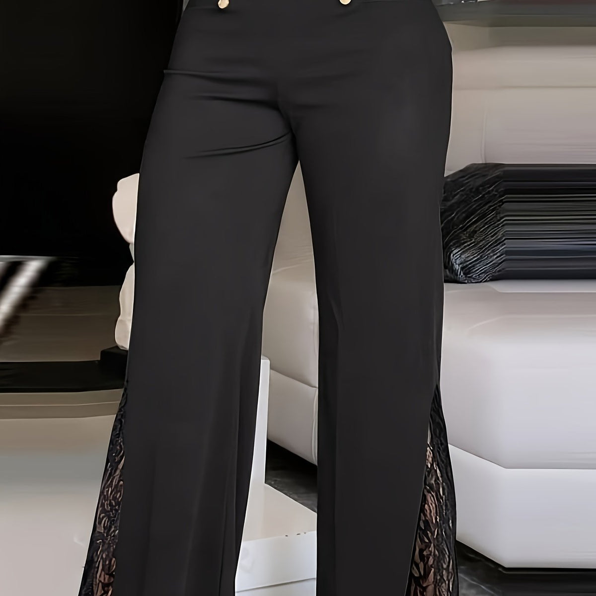  Solid Lace High Rise Flared Leg Trousers