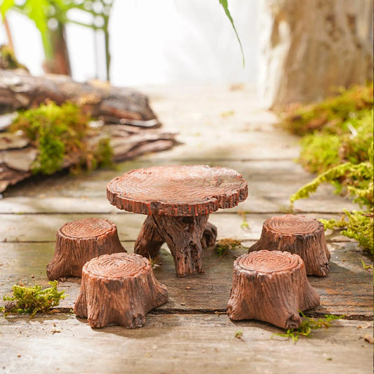 5pcs Mini Wooden Pile Table Chair Resin Ornaments Gardening Landscape Accessory