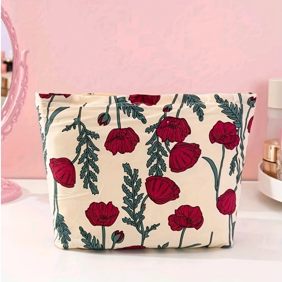 Red Floral Pattern Cosmetic Bag Corduroy Makeup Pouch