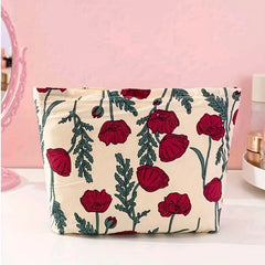 Red Floral Pattern Cosmetic Bag Corduroy Makeup Pouch