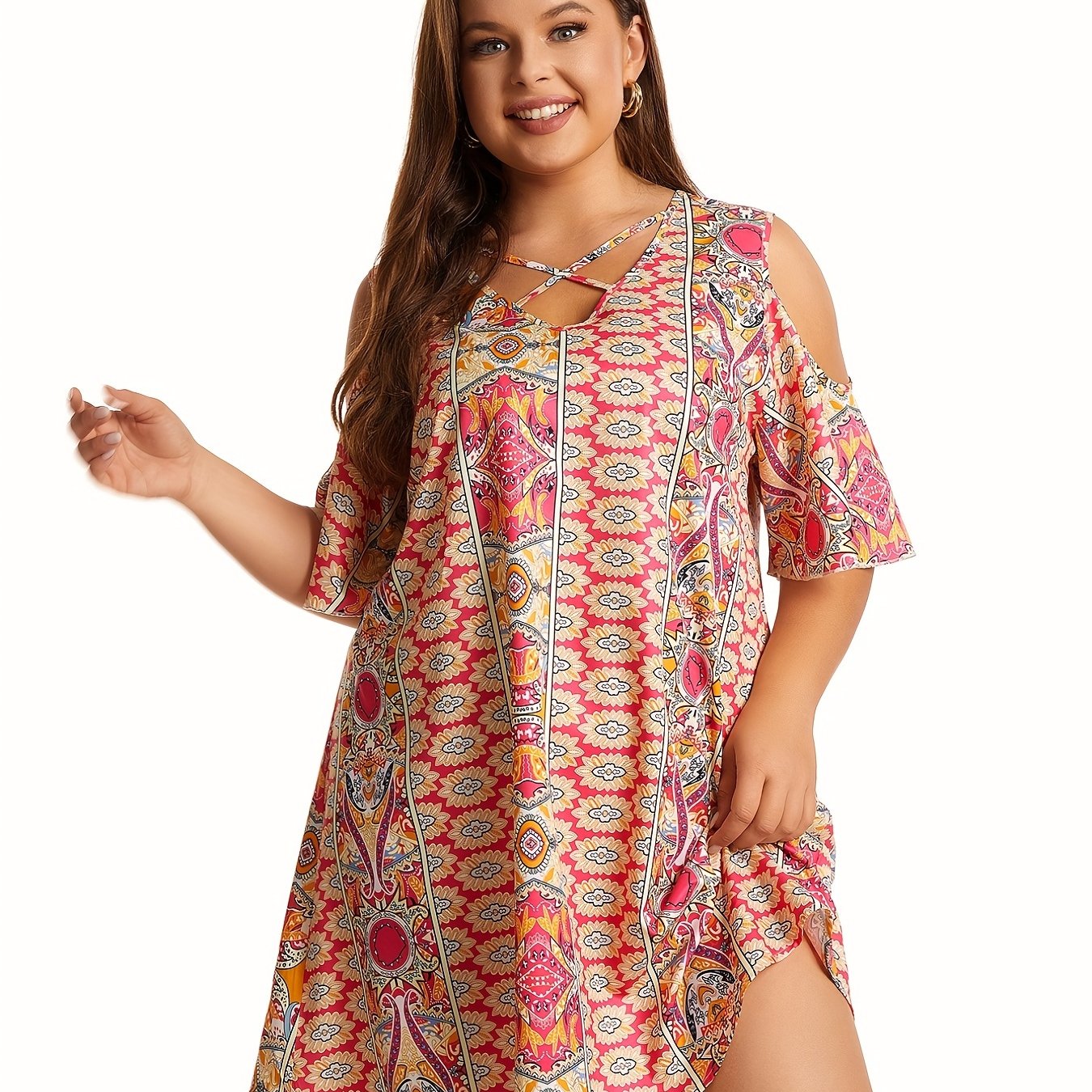  Paisley Print Cold Shoulder V Neck Dress