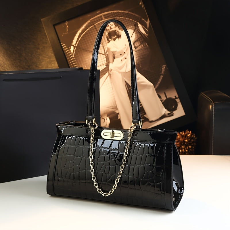 Stylish Soft Leather Chain Bag Crocodile Pattern Zip Closure Polyester Lining