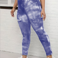  Casual Leggings Women's Plus Tie Dye Denim Print