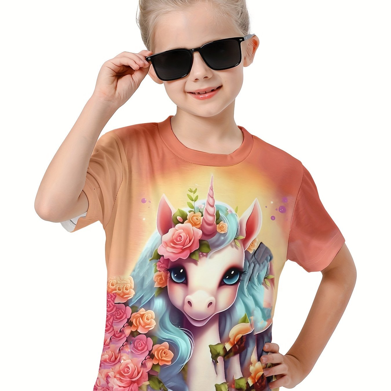 3D Unicorn Graphic Crew Neck Short Sleeve T shirt Girls Casual Pullover Tops