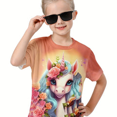 3D Unicorn Graphic Crew Neck Short Sleeve T shirt Girls Casual Pullover Tops