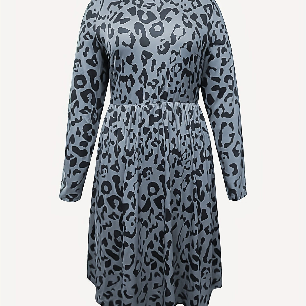  Leopard Print Long Sleeve Round Neck Stretch Dress