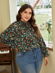  Ditsy Print Long Sleeve V Neck Keyhole Tie Top