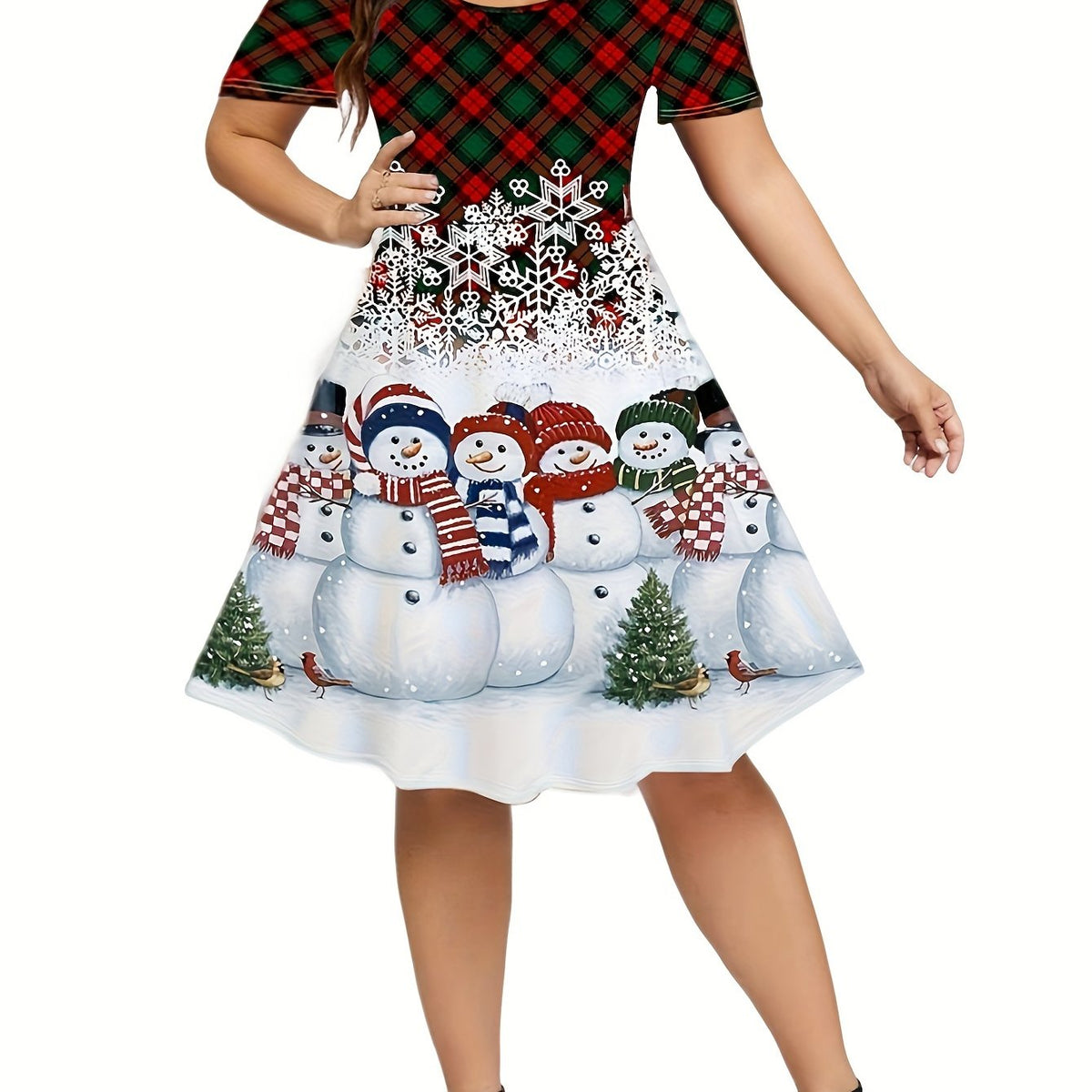  Christmas Casual Dress Women's Snowman & Plaid Print Short Sleeve