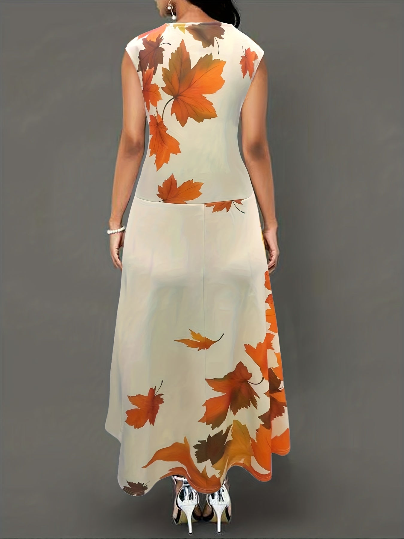 Maple Leaf Print Cap Sleeve Dress With Pockets