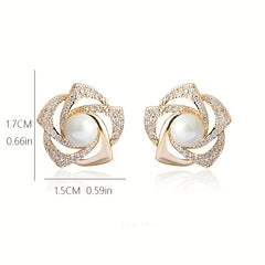 Vintage Rose Flower Rhinestone Pearl Stud Earrings Jewelry Gift