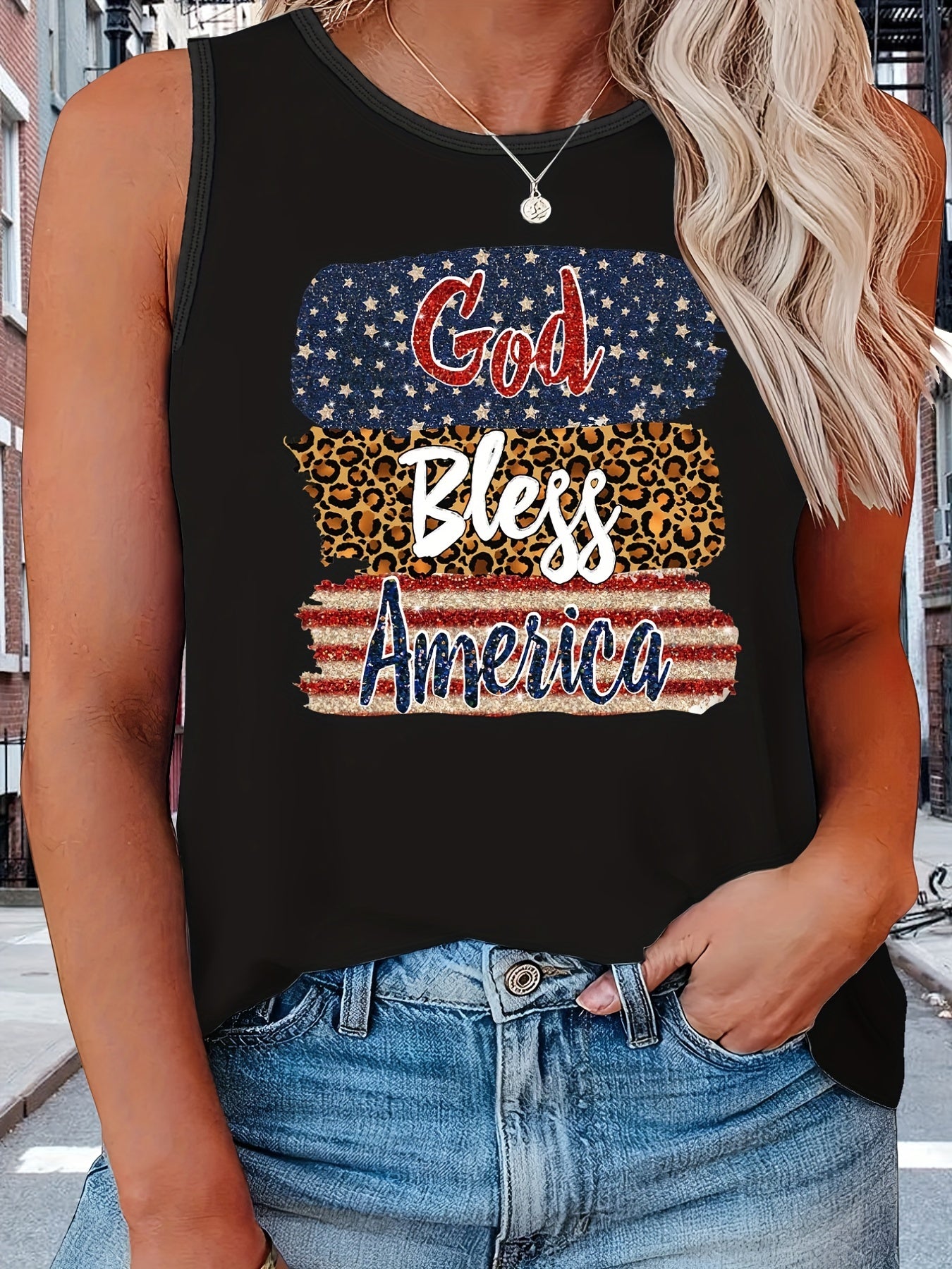  Independence Casual Tank Top Women's Plus Flag Pattern Graphic Print