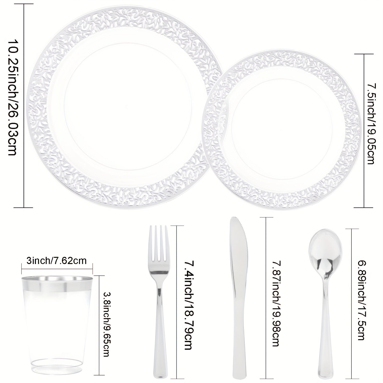 150 PCS Silvery Dinnerware Set - Plates, Silverware, Cups