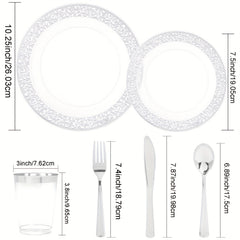 150 PCS Silvery Dinnerware Set - Plates, Silverware, Cups