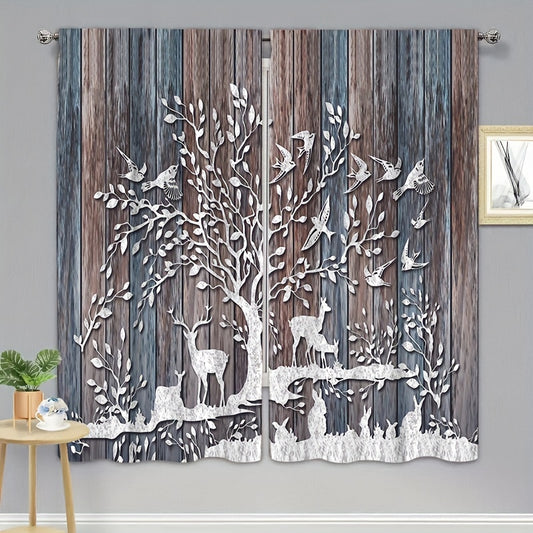 Elk & Wood Plank Trees Pattern Curtains Rod Pocket Semi Blackout Window Curtains