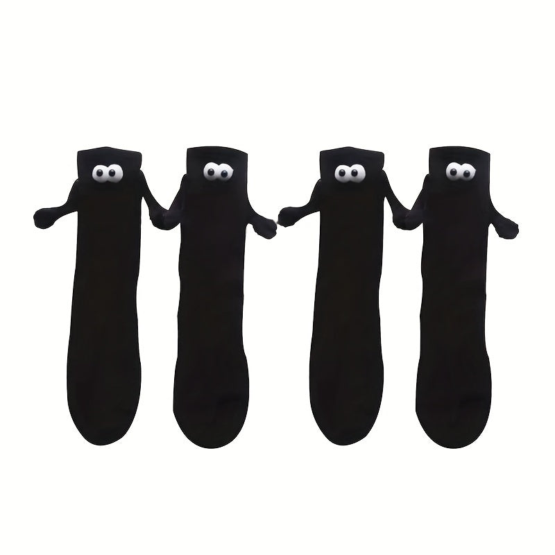 Creative Sweat-absorbing Mid-calf Socks with Magnetic Hand Holding Dolls