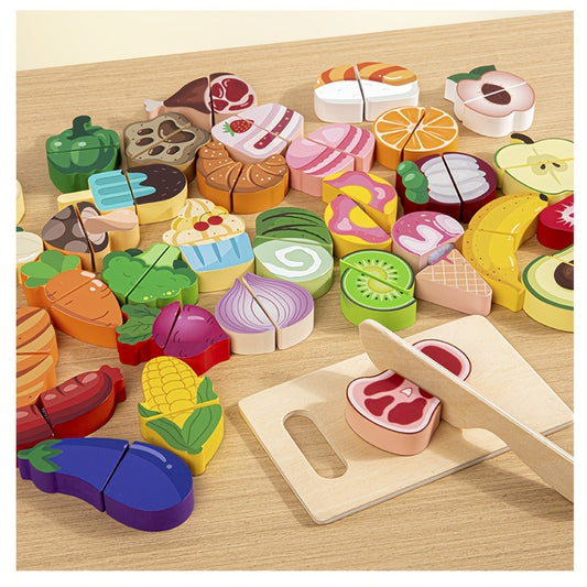 Wooden Play Food Set for Kids Colorful Fruits Vegetables and Meats