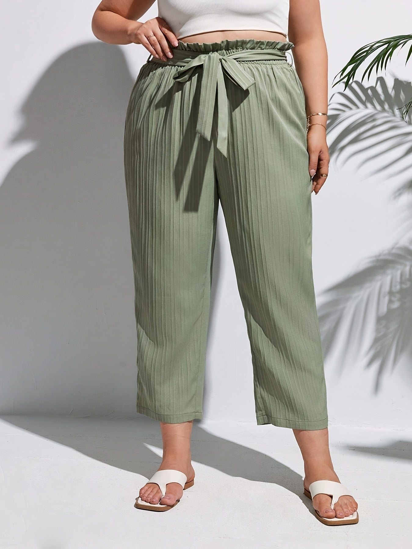  Ribbed High Rise Paperbag Waist Pants With Belt