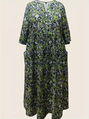 Floral Print Dress w/ Pockets Short Sleeve