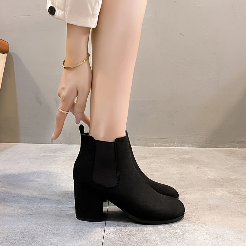 Women's High Heel Ankle Boots Round Toe Slip On Booties
