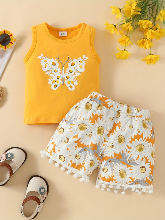 2pcs Baby Girls Butterfly Tank Top & Floral Shorts Set